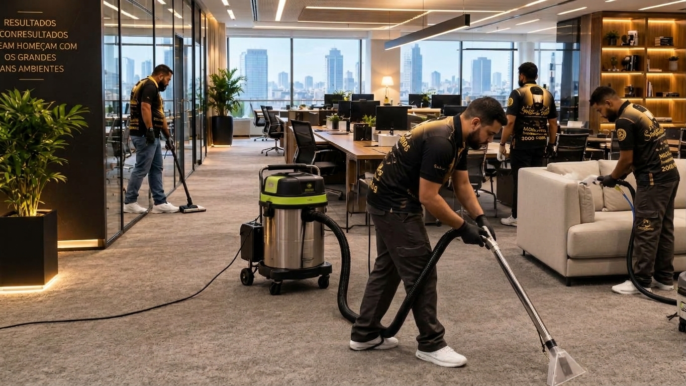 Equipe higienizando carpetes em escritório, conforme referência enviada