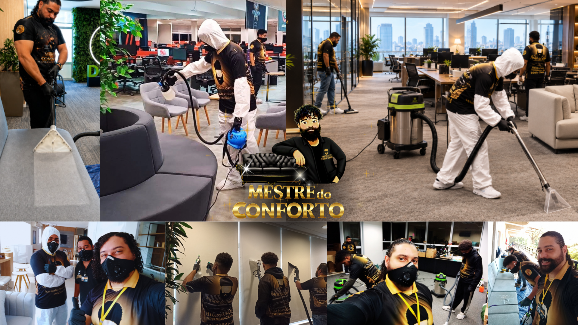 Equipe do Mestre do Conforto durante higienização de estofados em escritórios e residências