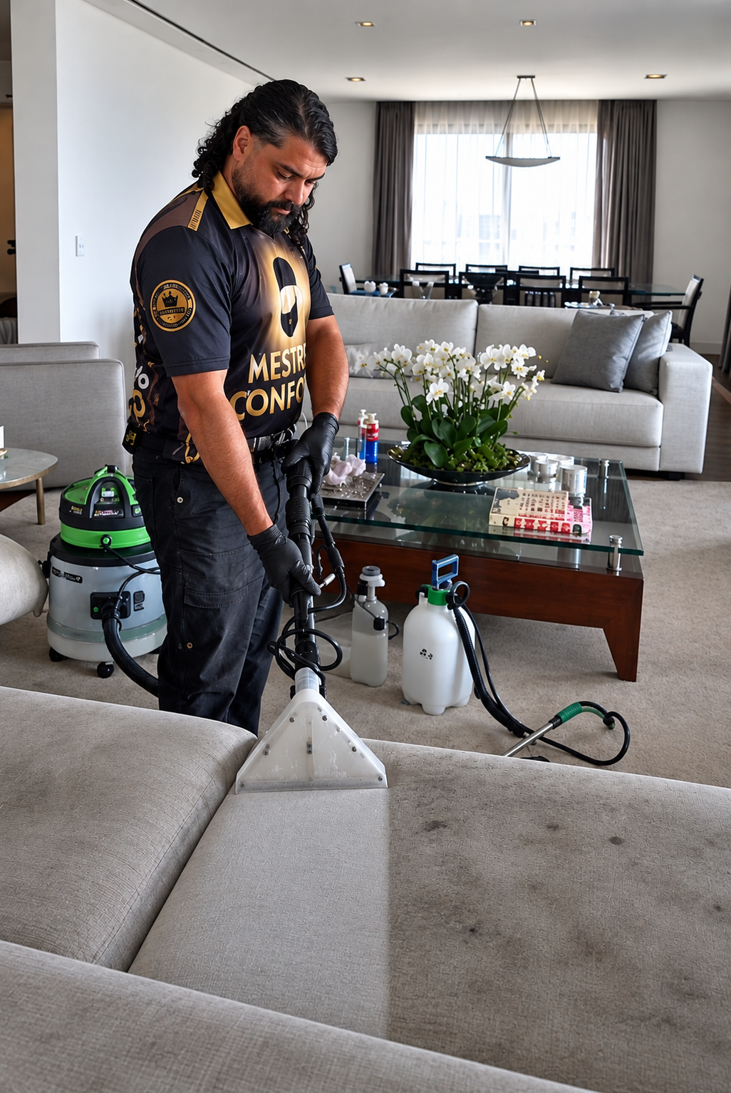 Profissional Mestre do Conforto higienizando sofá em residência